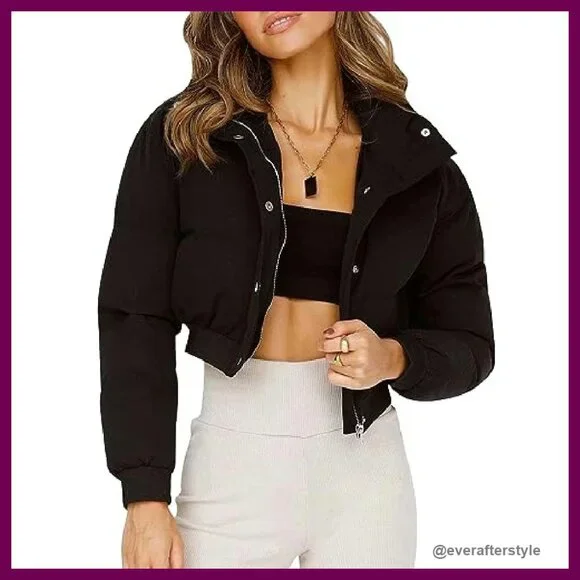 Cropped Puffer Jacket Quilted Chic Y2K Winter Warm Padded Outerwear